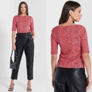 TED BAKER Cotton Willew Elbow Length Top in Pink Spotted Animal Print US Sz S